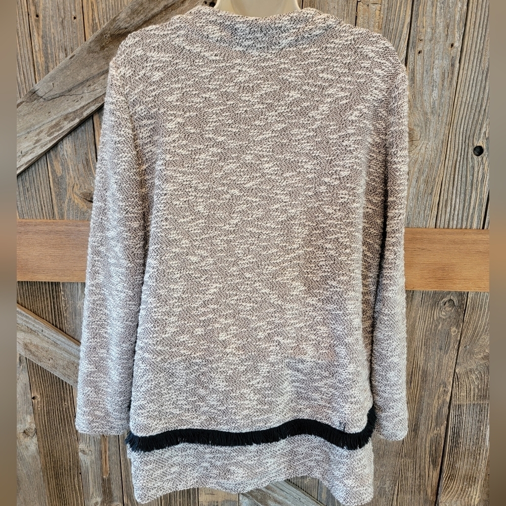 LOGO BY LORI GOLDSTEIN BOUCLE COATIGAN W/FRINGE DETAIL GRAY medium M - Picture 2 of 10